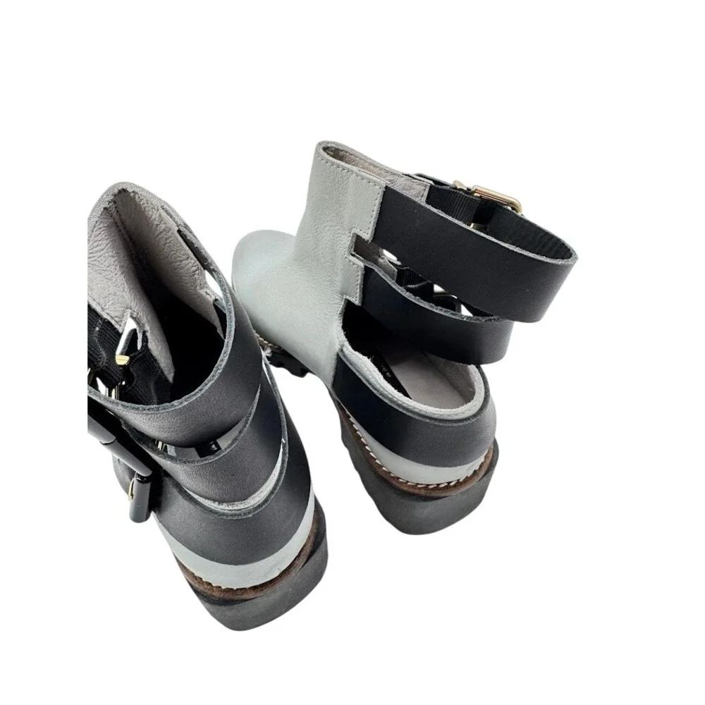 Miista Cecelia Back Strap Ankle Boot Light Blue Leather Chunky Heel Size 37